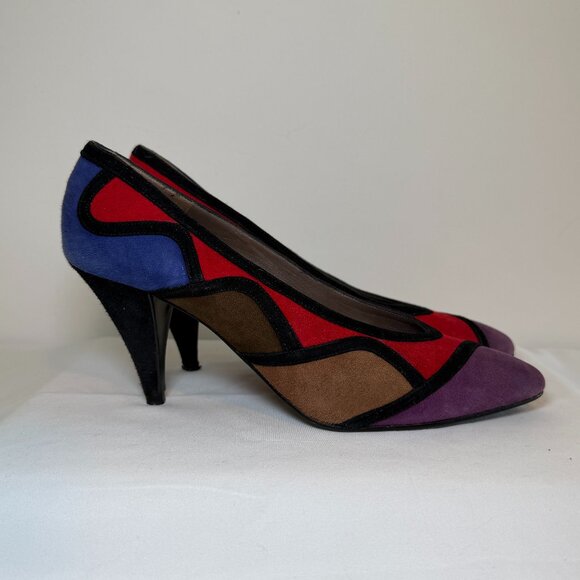 Vintage 80s VAN ELI Colorblock Suede Leather Pumps Heels 6-6.5 - Picture 2 of 16